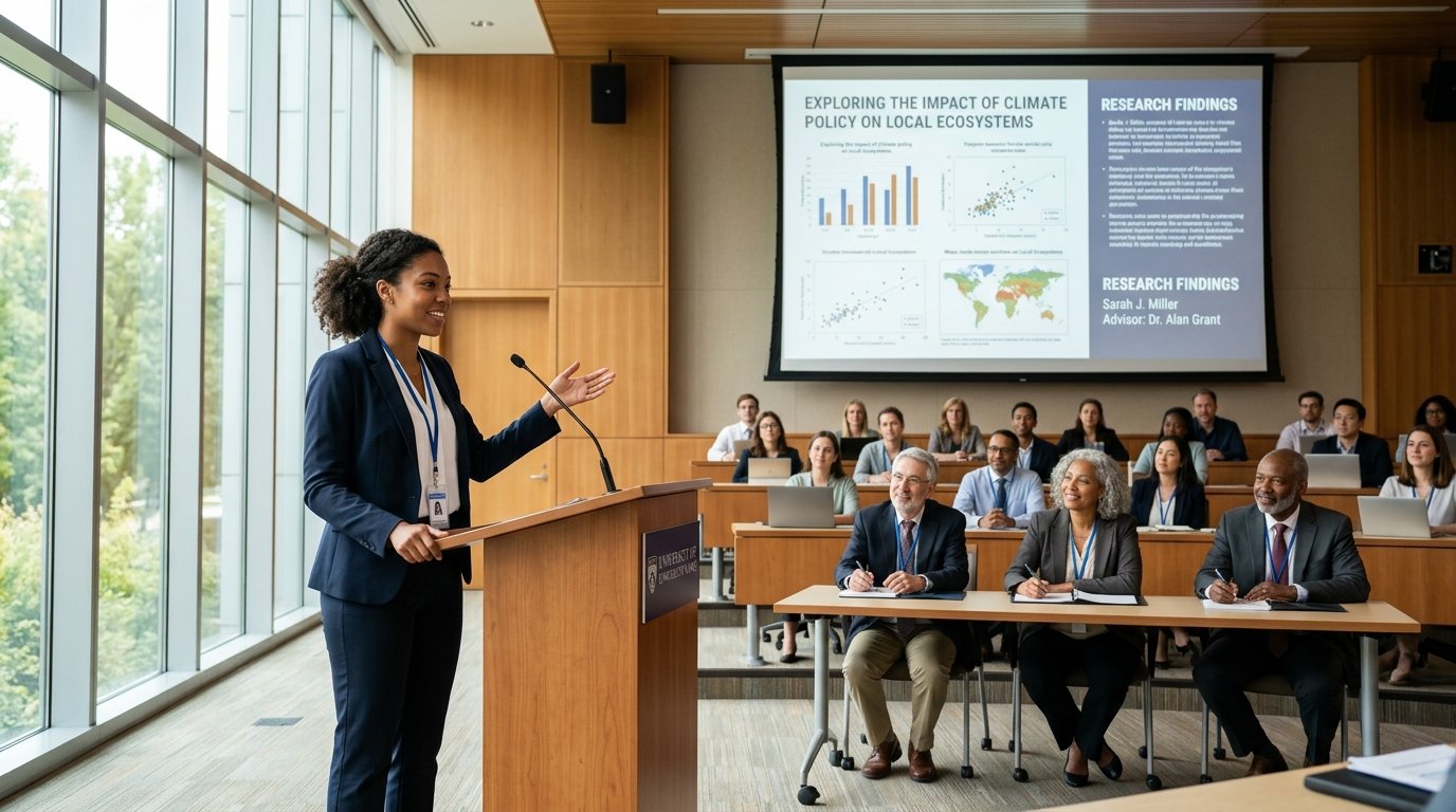 Student giving a thesis presentation at a university conference